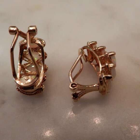 Vintage 14 Karat Yellow Gold Opal Omega Backed Clip On Earrings - Picture 5 of 9
